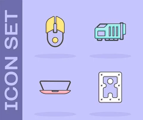 Set Hard disk drive HDD, Computer mouse, Laptop and Video graphic card icon Stock Illustration