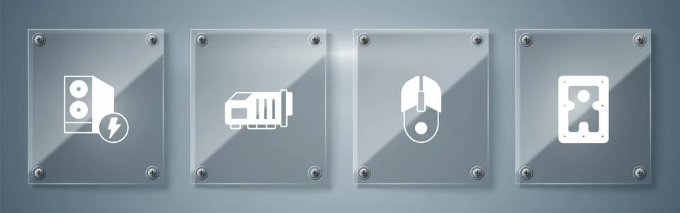 Set Hard disk drive HDD, Computer mouse, Video graphic card and Case of computer Stock Illustration