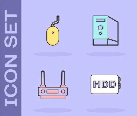 Set Hard disk drive HDD, Computer mouse, Router and wi-fi signal and Case of Stock Illustration