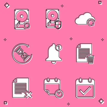 Set Hard disk drive HDD sync refresh, protection, Cloud, Waiting, Bell and Stock Illustration