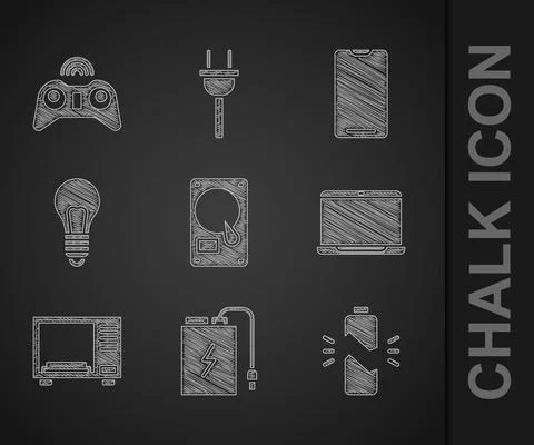Set Hard disk drive HDD, Power bank with charge cable, Broken battery, Laptop イラスト素材