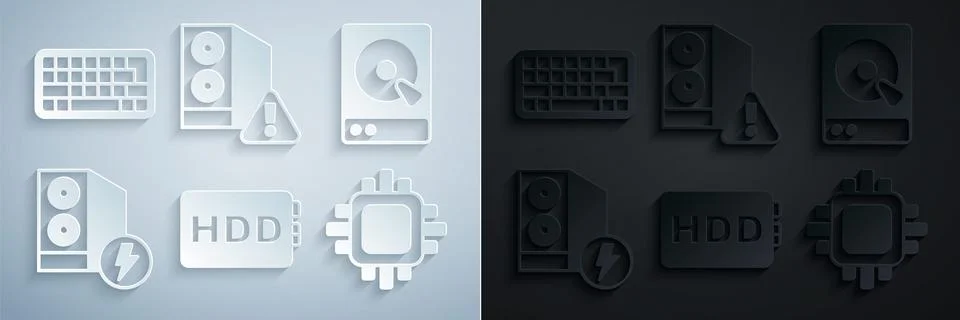 Set Hard disk drive HDD, Case of computer, Processor with CPU, and Keyboard icon Illustrazione stock