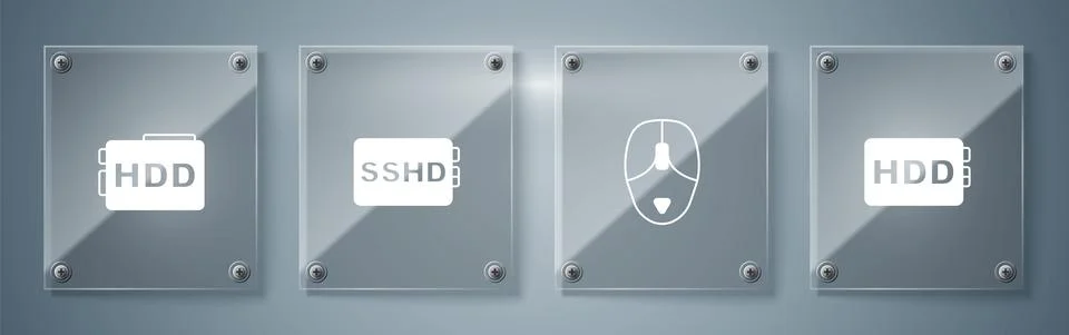 Set Hard disk drive HDD, Computer mouse, SSHD card and . Square glass panels Illustrazione stock