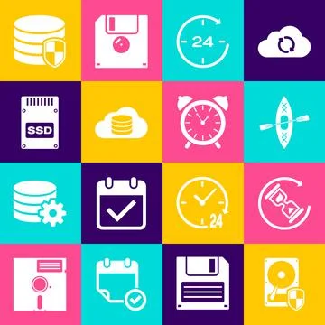 Set Hard disk drive HDD protection, Waiting, Kayak and paddle, Clock 24 hours Stock Illustration