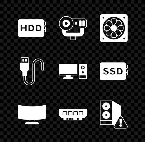 Set Hard disk drive HDD, Web camera, Computer cooler, monitor screen, RAM 스톡 일러스트