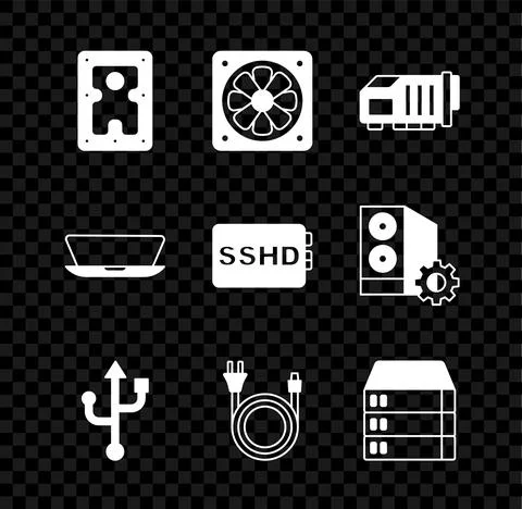 Set Hard disk drive HDD, Computer cooler, Video graphic card, USB, Electric plug Stock Illustration