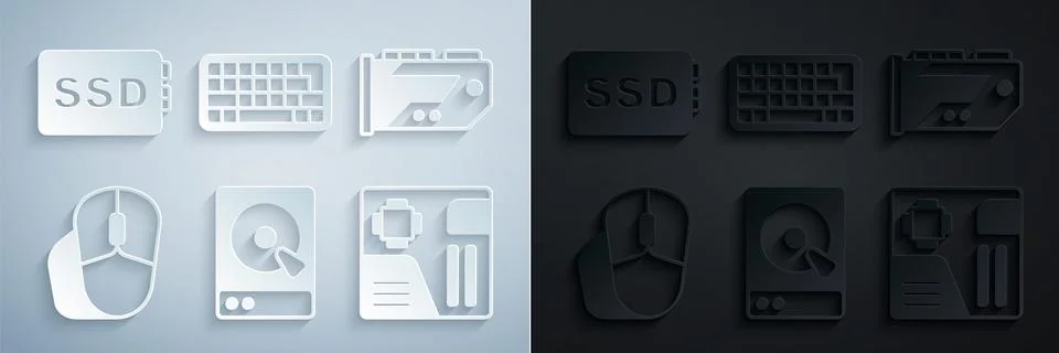 Set Hard disk drive HDD, Video graphic card, Computer mouse, Motherboard digital Stock Illustration