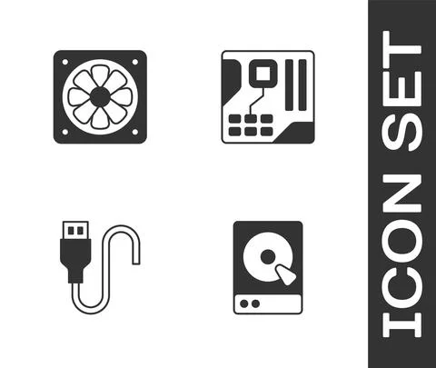 Set Hard disk drive HDD, Computer cooler, USB cable cord and Motherboard digital Stock Illustration