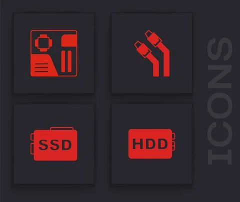 Set Hard disk drive HDD, Motherboard digital chip, LAN cable network internet Stock Illustration
