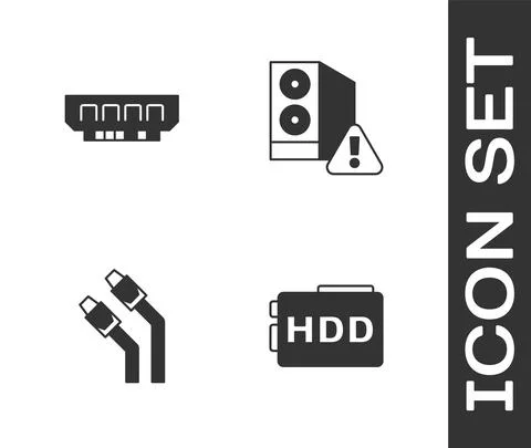 Set Hard disk drive HDD, RAM, random access memory, LAN cable network internet Stock Illustration