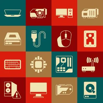 Set Hard disk drive HDD, Router and wi-fi signal, Computer monitor, USB cable 스톡 일러스트