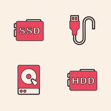 Set Hard disk drive HDD, SSD card, USB cable cord and icon. Vector Illustrazione stock