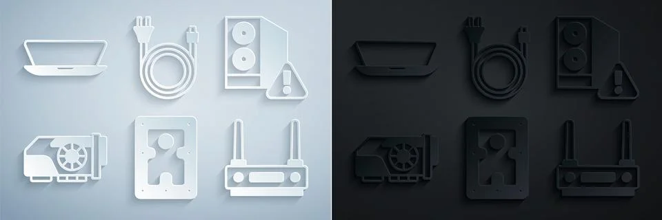 Set Hard disk drive HDD, Case of computer, Video graphic card, Router and wi- Stock Illustration