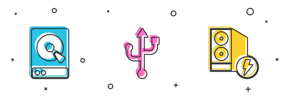 Set Hard disk drive HDD, USB and Case of computer icon. Vector 스톡 일러스트