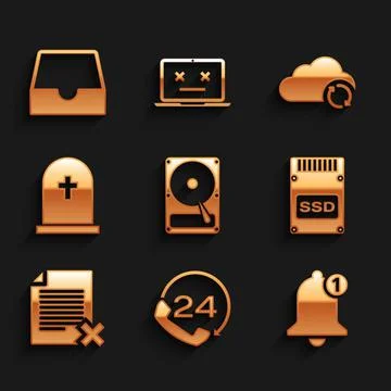 Set Hard disk drive HDD, Telephone 24 hours support, Bell, SSD card, Delete f Stock Illustration