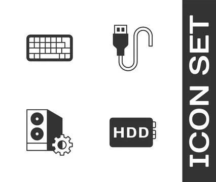 Set Hard disk drive HDD, Keyboard, Case of computer and USB cable cord icon.  Illustrazione stock