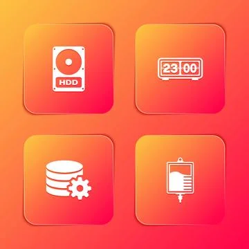 Set Hard disk drive HDD, Retro flip clock, Setting database server and IV bag Stock Illustration