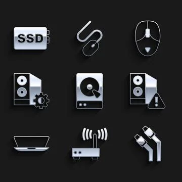 Set Hard disk drive HDD, Router and wi-fi signal, LAN cable network internet 库存插图