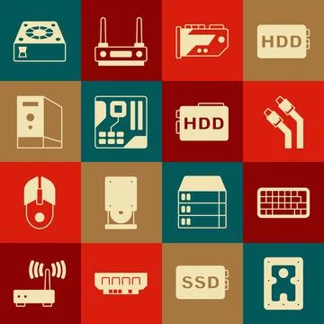 Set Hard disk drive HDD, Keyboard, LAN cable network internet, Video graphic Stock Illustration