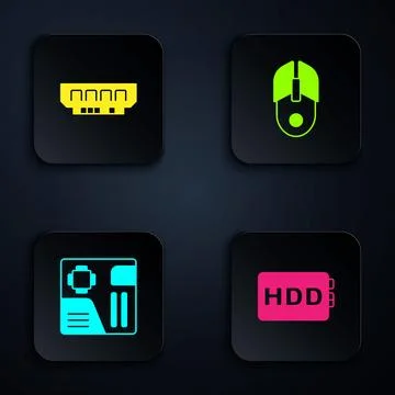 Set Hard disk drive HDD, RAM, random access memory, Motherboard digital chip and Illustrazione stock