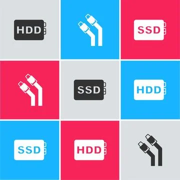 Set Hard disk drive HDD, LAN cable network internet and SSD card icon. Vector Stockillustratie