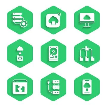 Set Hard disk drive HDD, Server, Cloud technology data transfer, Folder tre.. Stock Illustration
