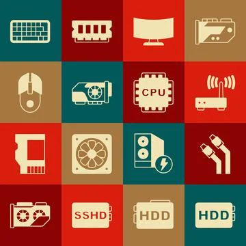 Set Hard disk drive HDD LAN cable network internet Router and wi-fi signal Co Stockillustratie