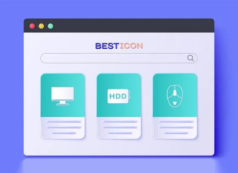 Set Hard disk drive HDD, Computer monitor screen and mouse icon. Vector Illustrazione stock