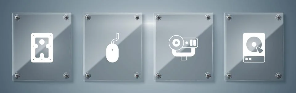 Set Hard disk drive HDD, Web camera, Computer mouse and . Square glass pane.. 스톡 일러스트