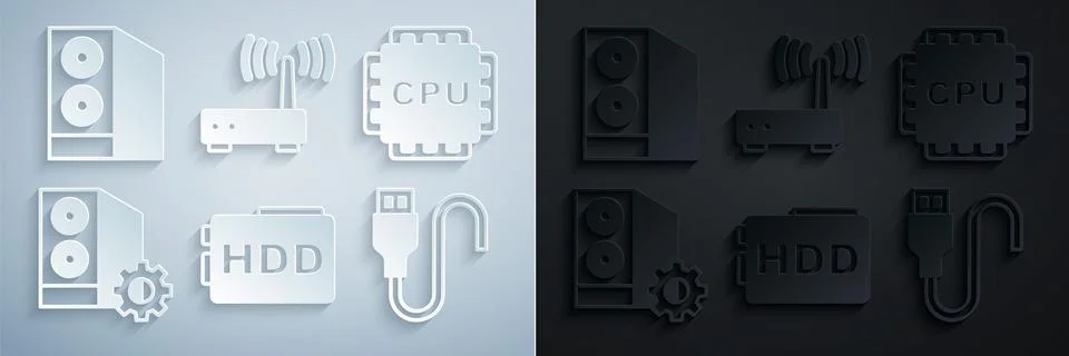 Set Hard disk drive HDD, Processor with CPU, Case of computer, USB cable co.. Stock Illustration