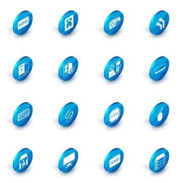 Set Hard disk drive HDD, Video graphic card, LAN cable network internet, Ca.. Stock Illustration