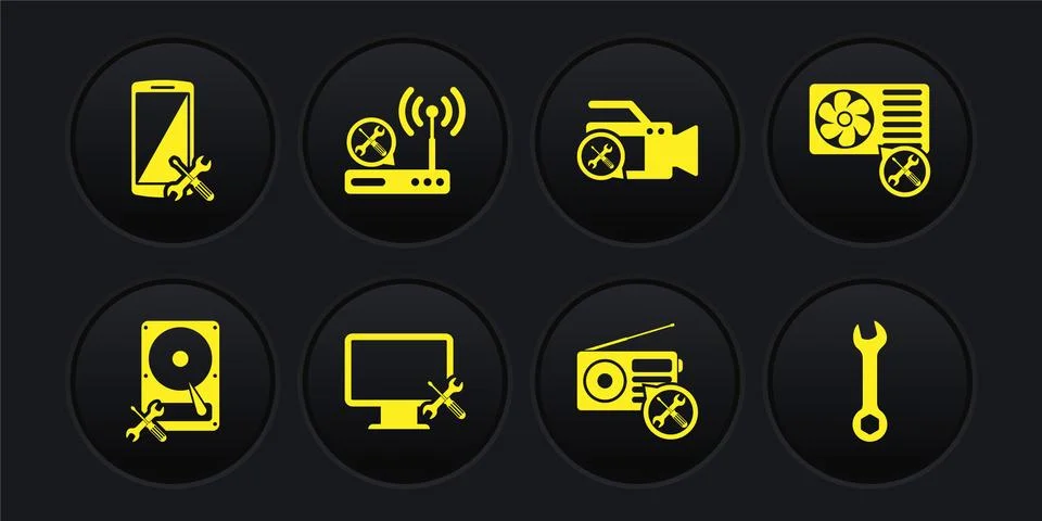 Set Hard disk drive service, Air conditioner, Computer monitor, Radio, Video Stock Illustration