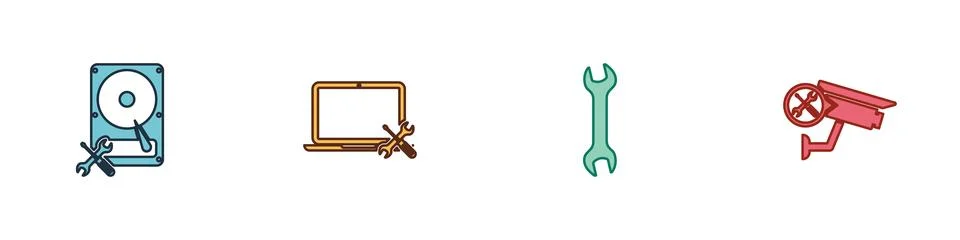 Set Hard disk drive service, Laptop, Wrench and Security camera icon. Vector Stock Illustration