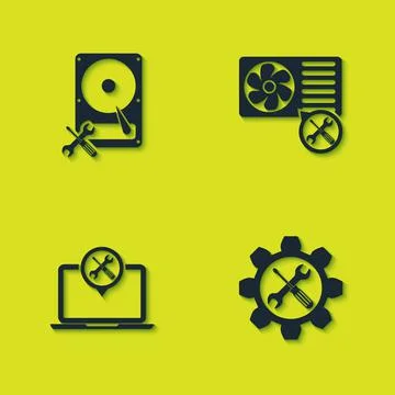 Set Hard disk drive service, Wrench and screwdriver in gear, Laptop and Air Stock Illustration