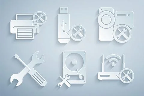 Set Hard disk drive service, Video camera, Crossed screwdriver and wrench Stock Illustration