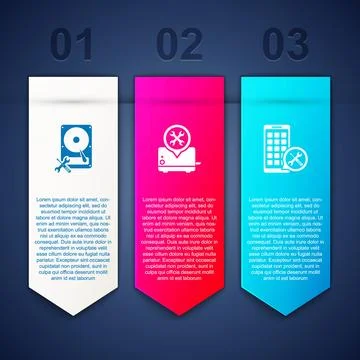 Set Hard disk drive service, Toaster and Mobile Apps. Business infographic te Stock Illustration