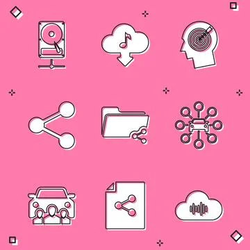 Set Hard disk drive on sharing network, Cloud download music, Head hunting Stock Illustration