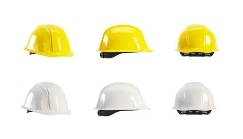 Set of hard hat isolated on white background, 3d render. Yellow and white helmet Stock Illustration