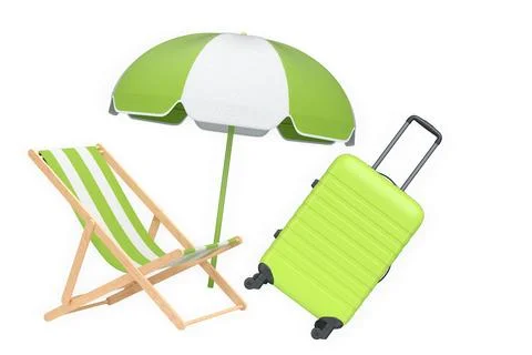 Set of hard-shell suitcase, striped deck chair and beach umbrella isolated on Stock Illustration