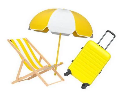 Set of hard-shell suitcase, striped deck chair and beach umbrella isolated on Stock Illustration