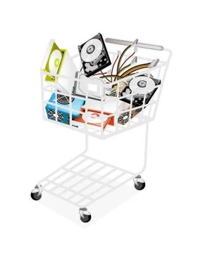 Set of Hardware Computer in Shopping Cart Illustrazione stock