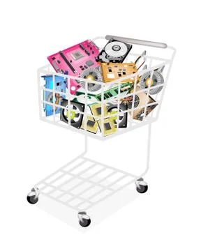 Set of Hardware Computer in A Shopping Cart Illustrazione stock