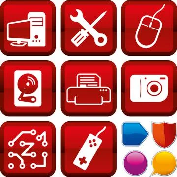 Set of hardware icons on square buttons. Geometric style. Stock Illustration