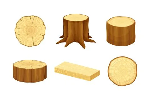 Set of hardwood timber materials. Tree trunks, logs, planks vector illustration Stock Illustration
