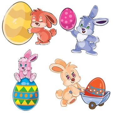 Set of hares with easter eggs for the holiday, isolated object on white Stock Illustration