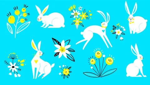 Set of hares in a flat style. White rabbits on a blue background. Spring flowers Stock Illustration