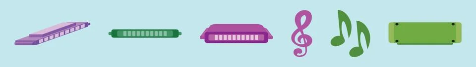 Set of harmonica cartoon icon design template with various models. Stock Illustration