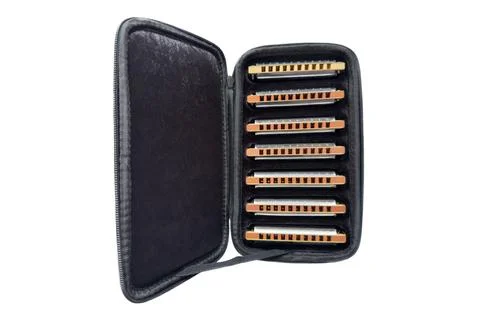 Set of harmonicas in black case isolated on white background Foto stock