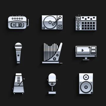 Set Harp, Microphone, Stereo speaker, Video recorder or editor software monitor Stock Illustration
