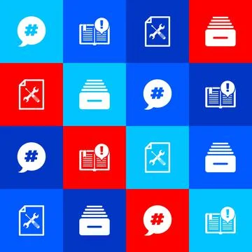 Set Hashtag speech bubble, Interesting facts, File document service and Drawer Stock Illustration